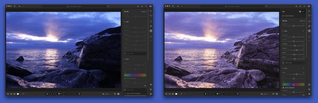 before and after screenshots of the surise photo as seen while editing in Adobe Lightroom