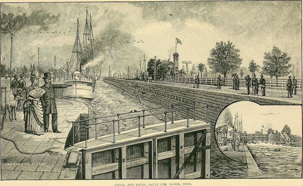 Historic drawing showing a row of steamships in the Soo Locks and people watching from both sides of the locks. 