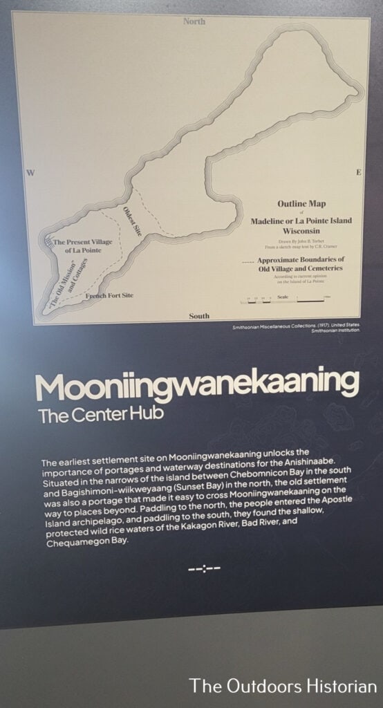 A map of Madeline Island showing the oldest settlement at a portage between the Apostle Islands and the Kakagon Sloughs.