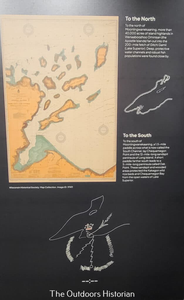 A historic map showing the Chequamegon Bay and its significance to the Ojibwe people.