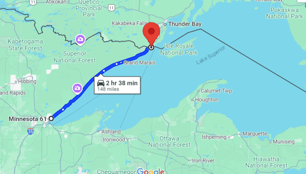 Screenshot from Google Maps showing the current route of Minnesota Highway 61.