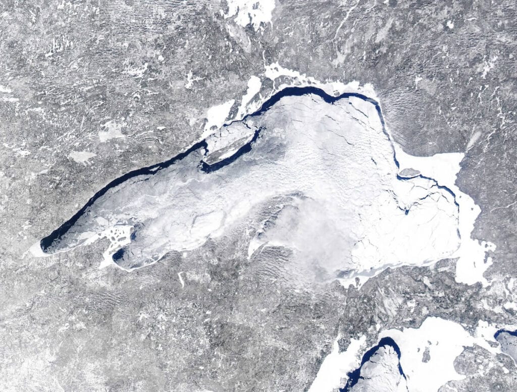 MODIS satellite image of ice cover on Lake Superior from 2014, via NOAA